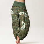 Buddha Stones Cotton Soft Drapey Ivory Fan Pattern Women's Elastic Waist Harem Pants