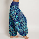 Buddha Stones Pure Cotton Peacock Feather Vine Pattern Women's Elastic Waist Harem Pants