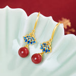 Buddha Stones Cinnabar 925 Sterling Silver Enamel Lotus Drop Earrings