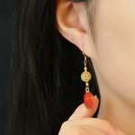 Buddha Stones Cinnabar Copper Filigree Blessing Drop Earrings