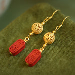 Buddha Stones Cinnabar Copper Filigree Blessing Drop Earrings