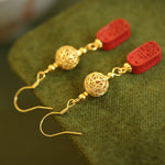Buddha Stones Cinnabar Copper Filigree Blessing Drop Earrings