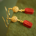 Buddha Stones Cinnabar Copper Filigree Blessing Drop Earrings