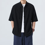 Buddha Stones Summer Casual Mandarin Collar Frog Button Solid Men's Short Sleeve Shirt With Pockets