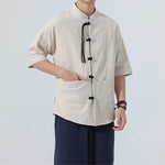 Buddha Stones Summer Casual Mandarin Collar Frog Button Solid Men's Short Sleeve Shirt With Pockets