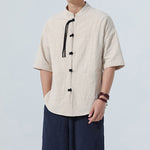 Buddha Stones Summer Casual Mandarin Collar Frog Button Solid Men's Short Sleeve Shirt With Pockets