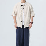 Buddha Stones Summer Casual Mandarin Collar Frog Button Solid Men's Short Sleeve Shirt With Pockets