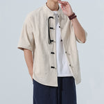 Buddha Stones Summer Casual Mandarin Collar Frog Button Solid Men's Short Sleeve Shirt With Pockets