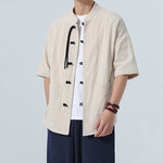 Buddha Stones Summer Casual Mandarin Collar Frog Button Solid Men's Short Sleeve Shirt With Pockets