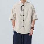 Buddha Stones Summer Casual Mandarin Collar Frog Button Solid Men's Short Sleeve Shirt With Pockets