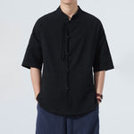 Buddha Stones Summer Casual Mandarin Collar Frog Button Solid Men's Short Sleeve Shirt With Pockets