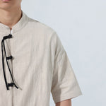 Buddha Stones Summer Casual Mandarin Collar Frog Button Solid Men's Short Sleeve Shirt With Pockets