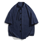 Buddha Stones Summer Casual Mandarin Collar Frog Button Solid Men's Short Sleeve Shirt With Pockets