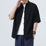 Buddha Stones Summer Casual Mandarin Collar Frog Button Solid Men's Short Sleeve Shirt With Pockets