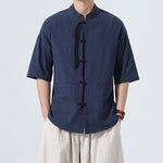 Buddha Stones Summer Casual Mandarin Collar Frog Button Solid Men's Short Sleeve Shirt With Pockets