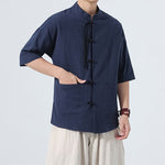 Buddha Stones Summer Casual Mandarin Collar Frog Button Solid Men's Short Sleeve Shirt With Pockets
