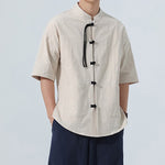 Buddha Stones Summer Casual Mandarin Collar Frog Button Solid Men's Short Sleeve Shirt With Pockets