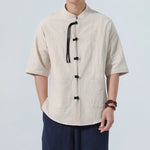 Buddha Stones Summer Casual Mandarin Collar Frog Button Solid Men's Short Sleeve Shirt With Pockets