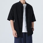 Buddha Stones Summer Casual Mandarin Collar Frog Button Solid Men's Short Sleeve Shirt With Pockets