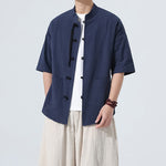 Buddha Stones Summer Casual Mandarin Collar Frog Button Solid Men's Short Sleeve Shirt With Pockets