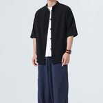 Buddha Stones Summer Casual Mandarin Collar Frog Button Solid Men's Short Sleeve Shirt With Pockets