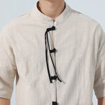 Buddha Stones Summer Casual Mandarin Collar Frog Button Solid Men's Short Sleeve Shirt With Pockets