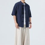 Buddha Stones Summer Casual Mandarin Collar Frog Button Solid Men's Short Sleeve Shirt With Pockets