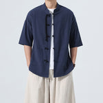 Buddha Stones Summer Casual Mandarin Collar Frog Button Solid Men's Short Sleeve Shirt With Pockets