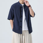 Buddha Stones Summer Casual Mandarin Collar Frog Button Solid Men's Short Sleeve Shirt With Pockets