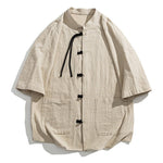 Buddha Stones Summer Casual Mandarin Collar Frog Button Solid Men's Short Sleeve Shirt With Pockets