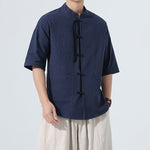 Buddha Stones Summer Casual Mandarin Collar Frog Button Solid Men's Short Sleeve Shirt With Pockets