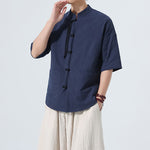 Buddha Stones Summer Casual Mandarin Collar Frog Button Solid Men's Short Sleeve Shirt With Pockets