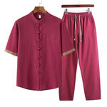 Buddha Stones Summer 2Pcs Mandarin Collar Frog Button Solid Short Sleeve Shirt Harem Pants Men's Meditation Cloth With Pockets