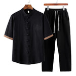 Buddha Stones Summer 2Pcs Mandarin Collar Frog Button Solid Short Sleeve Shirt Harem Pants Men's Meditation Cloth With Pockets