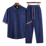 Buddha Stones Summer 2Pcs Mandarin Collar Frog Button Solid Short Sleeve Shirt Harem Pants Men's Meditation Cloth With Pockets