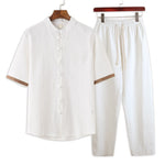 Buddha Stones Summer 2Pcs Mandarin Collar Frog Button Solid Short Sleeve Shirt Harem Pants Men's Meditation Cloth With Pockets