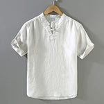 Buddha Stones Summer Casual Mandarin Collar Frog Button Solid Linen Men's Short Sleeve Shirt