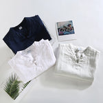 Buddha Stones Summer Casual Mandarin Collar Frog Button Solid Linen Men's Short Sleeve Shirt
