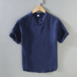 Buddha Stones Summer Casual Mandarin Collar Frog Button Solid Linen Men's Short Sleeve Shirt