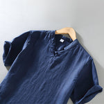 Buddha Stones Summer Casual Mandarin Collar Frog Button Solid Linen Men's Short Sleeve Shirt