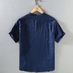 Buddha Stones Summer Casual Mandarin Collar Frog Button Solid Linen Men's Short Sleeve Shirt