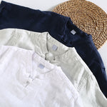 Buddha Stones Summer Casual Mandarin Collar Frog Button Solid Linen Men's Short Sleeve Shirt