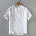 Buddha Stones Summer Casual Mandarin Collar Frog Button Solid Linen Men's Short Sleeve Shirt