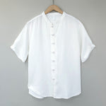 Buddha Stones Summer Minimalist Mandarin Collar Frog Button Solid Men's Short Sleeve Shirt