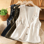 Buddha Stones Summer Embroidery Floral Women's Sleeveless Shirts With Pockets