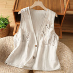 Buddha Stones Summer Embroidery Floral Women's Sleeveless Shirts With Pockets