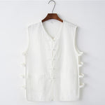 Buddha Stones Summer Tang Style Frog Button Side Slit Hollow Solid Men's Sleeveless Shirts Tank Top With Pockets
