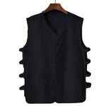 Buddha Stones Summer Tang Style Frog Button Side Slit Hollow Solid Men's Sleeveless Shirts Tank Top With Pockets