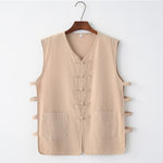 Buddha Stones Summer Tang Style Frog Button Side Slit Hollow Solid Men's Sleeveless Shirts Tank Top With Pockets