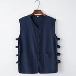Buddha Stones Summer Tang Style Frog Button Side Slit Hollow Solid Men's Sleeveless Shirts Tank Top With Pockets